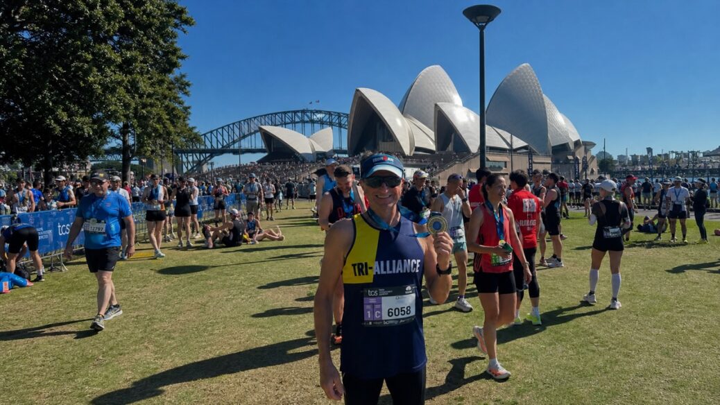 Mario Staffieri after finishing the 2026 Sydney Marathon outside the Sydney Opera House