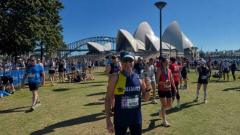 Mario Staffieri after finishing the 2026 Sydney Marathon outside the Sydney Opera House