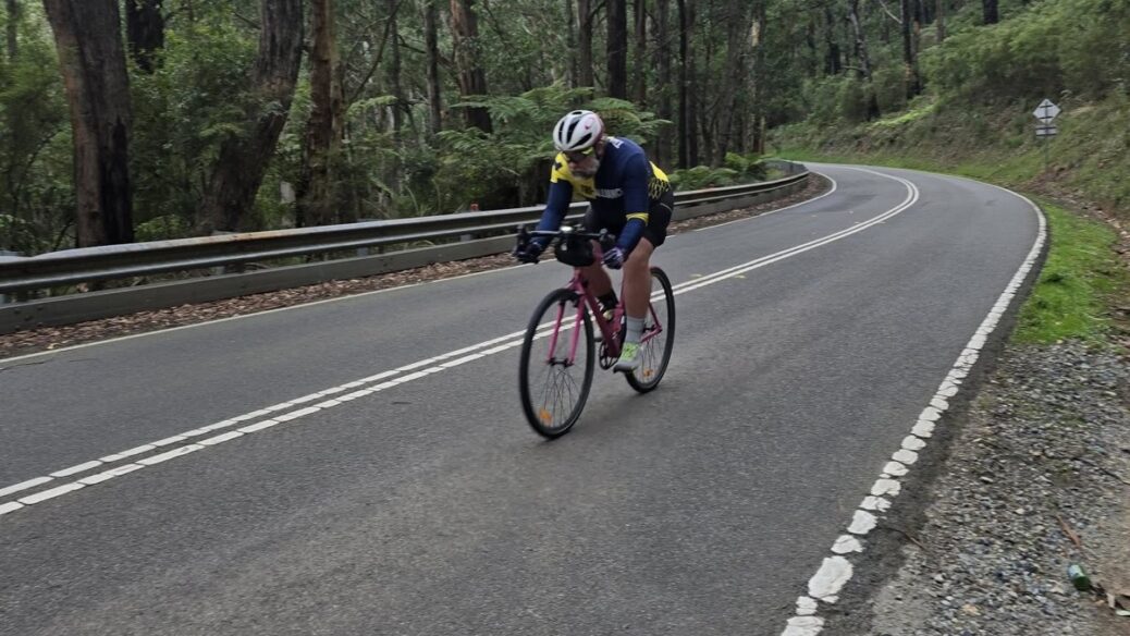 Cyclist riding pink road bike on curving forest road